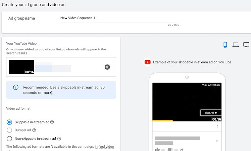 create your ad group and video ad