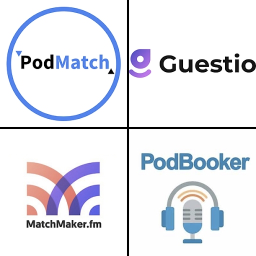 Image divided into 4 sections giving 4 examples of podcast softwares namely: PodMatch, Guestio, MatchMaker.fm, PodBooker.