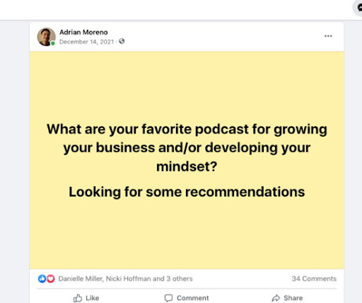 Direct method of asking people their favourite podcast through a facebook post. Image is of a person posting that facebook post.