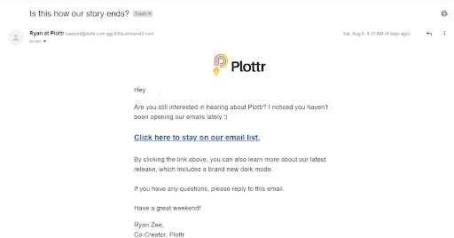 Screenshot of plottr email sequence.