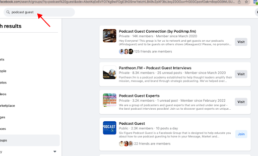 Screenshot of Facebook's search function and enter "Podcast guest" to unearth these groups.