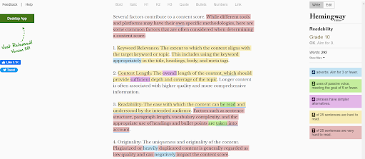 Snapshot of hemingway app  to check your text readability score.