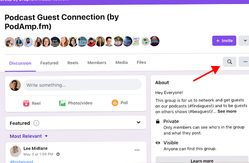 Screenshot of facebook page about navigating to the group and directing your attention to the top right corner, where you'll discover the search icon eagerly awaiting your command.