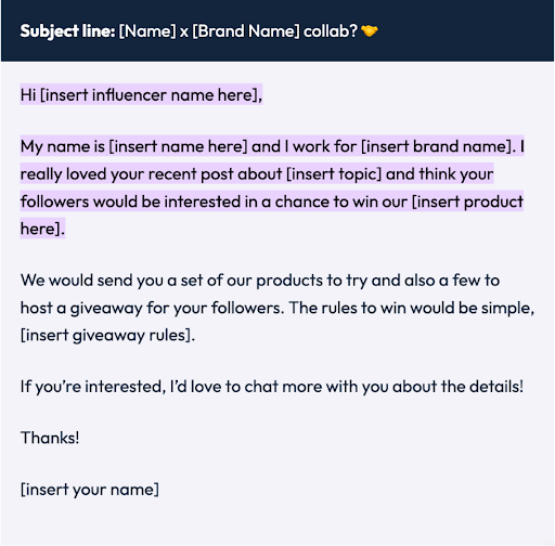 Screenshot of influencer outreach email template.