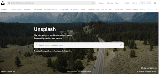 homepage of unsplash free stock photo website for free images