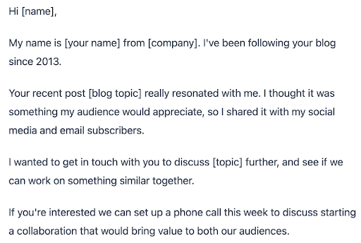 Screenshot of influencer outreach email template