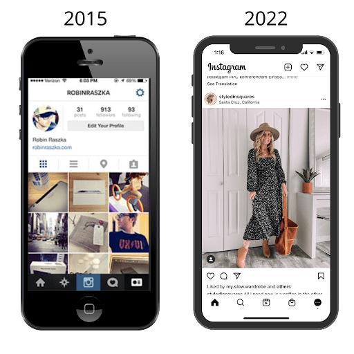 Instagram in 2015 vs in 2022 old content vs fresh content-min