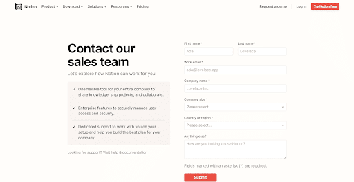 Notion's contact form is very well optimized
