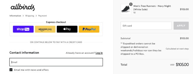 Example of an ecommerce store supporting multiple payment methods. 