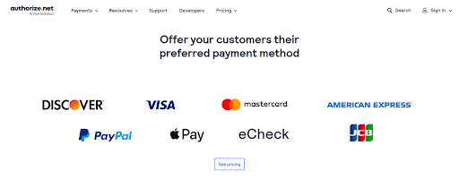 Payment methods supported by Authorize.net.