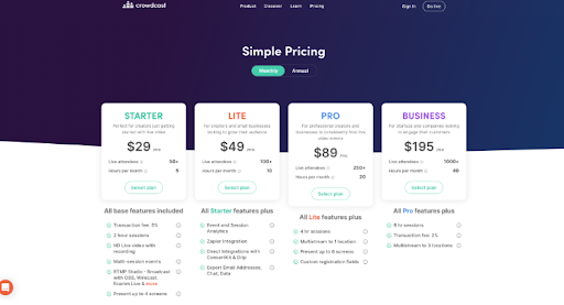 Pricing of Webinar tool Crowdcast