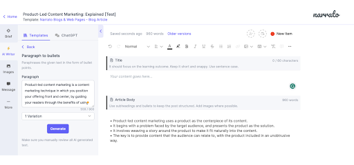 screenshot of Narrato -one such powerful AI writing software